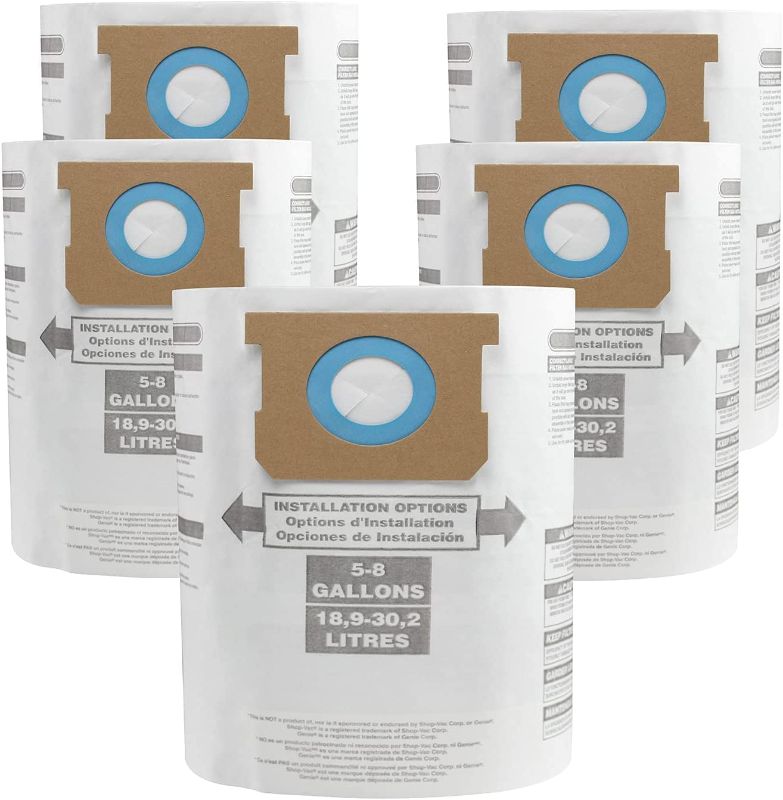 Photo 1 of Vac Bags 5-8 Gallon, Type E 90661 9066133, Type H 90671 9067133; VF2004, VHBS VDBS High- Efficiency Disposable Vaccum Collection Filter Bags 5 Pack