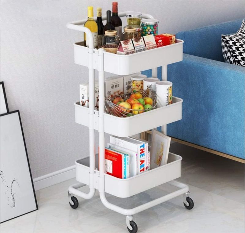 Photo 1 of Storage Trolley Cart - 3 Tier Rolling Utility Organizer Rack, Craft Art Cart, Multi-Purpose Organizer Shelf, Tower Rack Serving Trolley for Office Bathroom Kitchen Kids’ Room Laundry Room, White