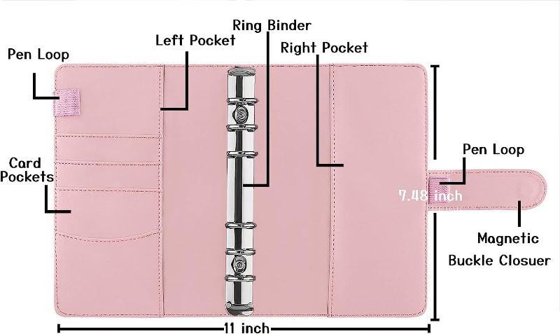 Photo 2 of Antner A6 PU Leather Notebook Binder Refillable 6 Ring Budget Binder for A6 Filler Paper, Loose Leaf Personal Planner Binder Cover with Magnetic Buckle, Pink