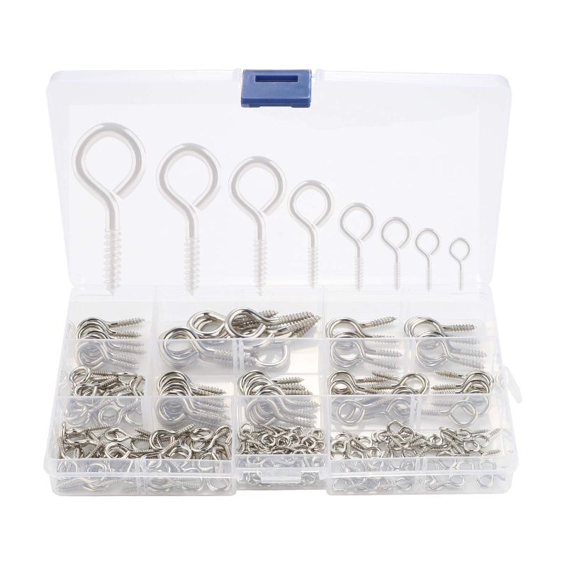 Photo 1 of (2 Pack) Screw Eyes Assortment Kit, 200 Pieces Eye Shape Screw Hooks, Zinc Plated Metal Thread Self-Tapping Eyebolt Screws with Box Includes 9 Sizes