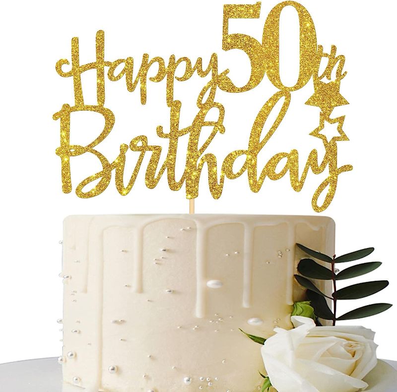 Photo 1 of (2 Pack) Gold Glitter Happy 50th Birthday Cake Topper,Hello 50,Cheers to 50 Years,50 & Fabulous Party Decoration