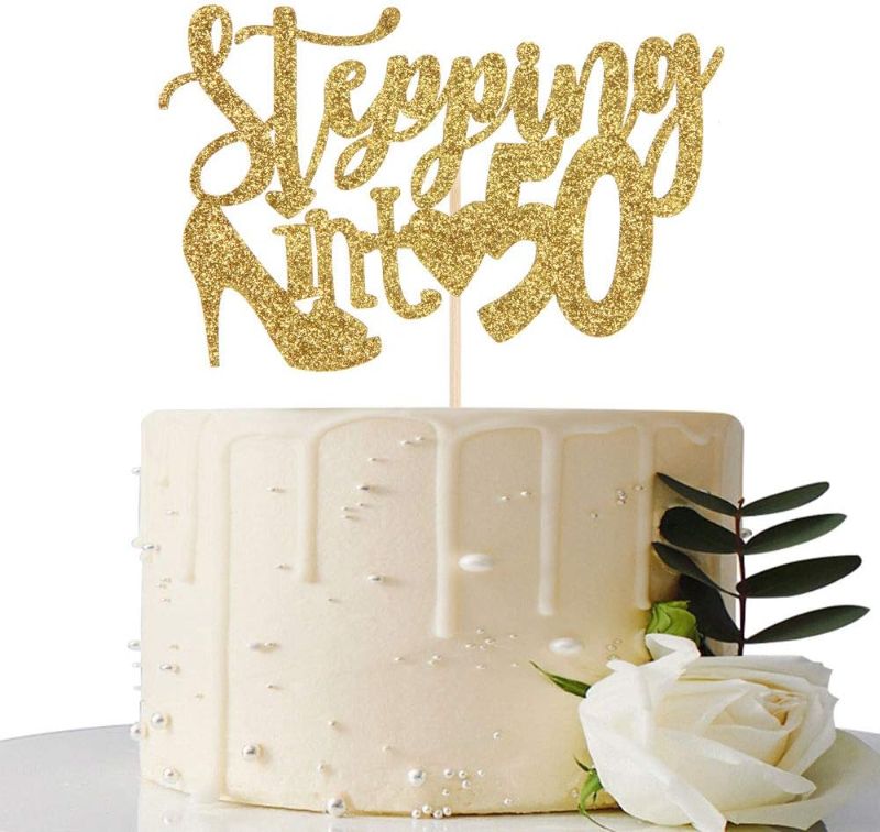 Photo 1 of (2 Pack) Gold Glitter Stepping into 50 Cake Topper - 50th Birthday Cake Topper - 50th Birthday Party Decorations