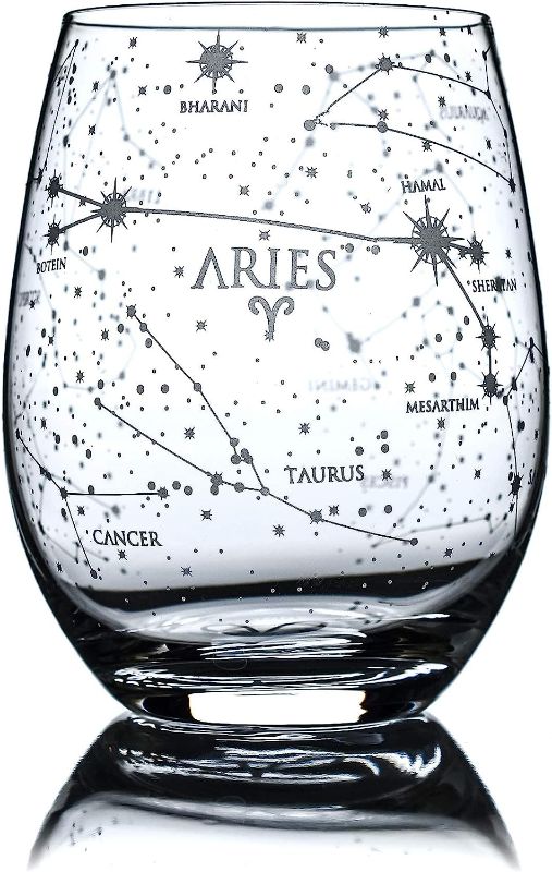 Photo 1 of Greenline Goods Aries Stemless Wine Glass Etched Zodiac Aries Gift 15 oz (Single Glass) - Astrology Sign Constellation Tumbler