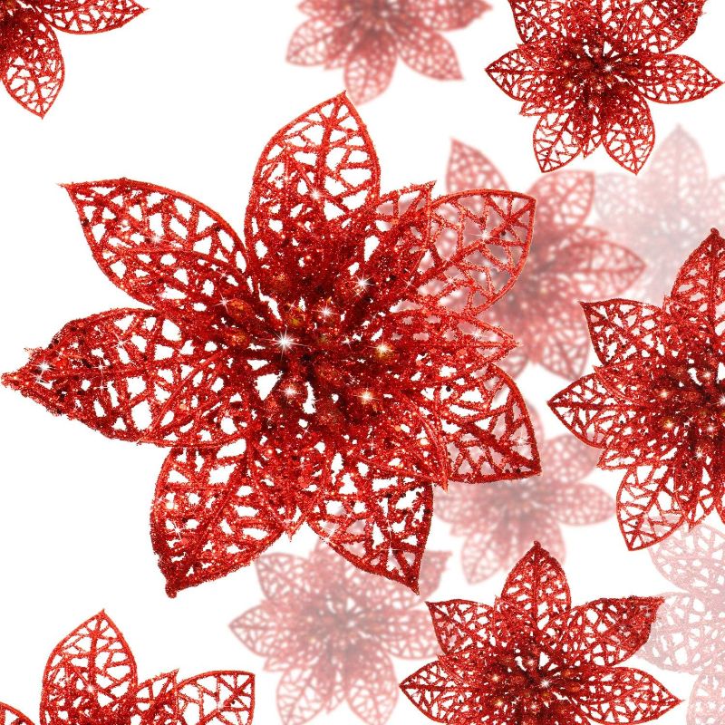 Photo 1 of 36 Pieces 3 Size Christmas Glitter Poinsettia Faux Wedding Flowers Christmas Flowers Decoration Ornaments for Christmas Tree New Year Home Outdoor Decoration (Red)