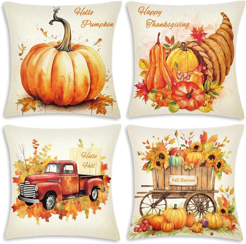 Photo 1 of SEE PHOTOS Designs Are Different Than Stock Photos Fall Decor Throw Pillow Covers 18x18 Set of 4, Thanksgiving Hello Pumpkin Harvest Truck Leaves Pillowcase Outdoor Farmhouse Holiday Fall Decorative Pillows Cushion Case for Couch Sofa (Orange Pumpkin)
