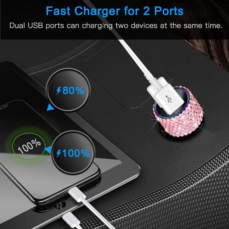 Photo 3 of Dual USB Car Charger Bling Rhinestones Car Decorations Accessories Fast Charging Adapter for iPhones Android iOS, Samsung Galaxy, LG, Nexus, HTC (Pink) 

Bling Dual USB Car Charger with 3-in-1 Multi Fast Charging Cable, Dual Port Charger Adapter with Type