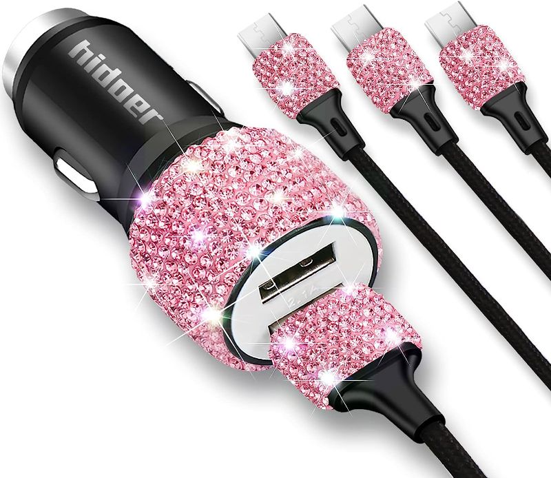 Photo 4 of Dual USB Car Charger Bling Rhinestones Car Decorations Accessories Fast Charging Adapter for iPhones Android iOS, Samsung Galaxy, LG, Nexus, HTC (Pink) 

Bling Dual USB Car Charger with 3-in-1 Multi Fast Charging Cable, Dual Port Charger Adapter with Type
