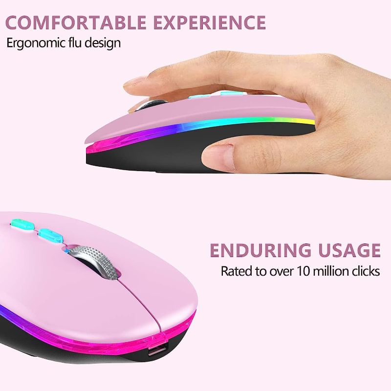 Photo 2 of Wireless Mouse, Slim Rechargeable Wireless Bluetooth Mouse, 2.4G Portable USB Optical Wireless Computer Mice with USB Receiver and Type C Adapter (Pink)