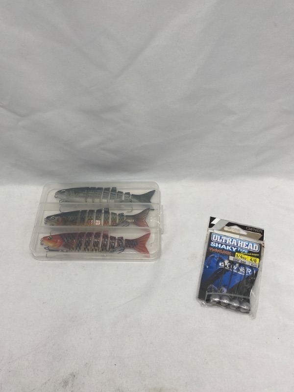Photo 2 of Fishing Lures Kit, 3PCS Multi Jointed Swimbait Slow Sinking Lures for Bass Trout Fishing, Lifelike Swimming Fishing Lures in Freshwater or Saltwater, Fishing Lure Kit with Bait Storage Box

Owner Ultrahead Shaky Head Jig Hook 4 PACK
