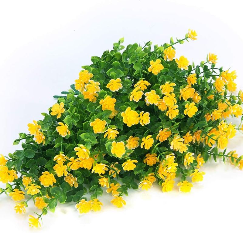 Photo 1 of Artificial Flowers, Fake Outdoor UV Resistant Boxwood Shrubs Faux Plastic Greenery Plants for Outside Hanging Planter Patio Yard Wedding Indoor Home Kitchen Farmhouse Decor(Yellow)