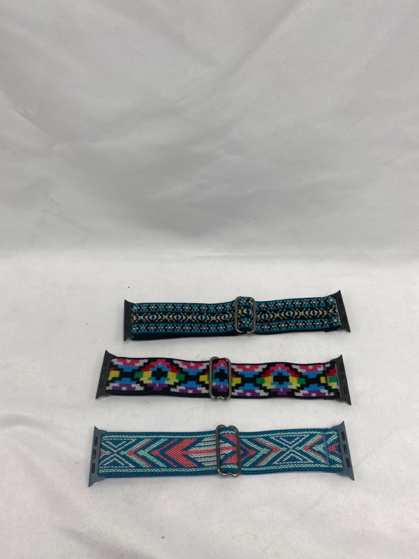 Photo 2 of PLEASE SEE IMAGE 

3 Pack Stretchy Nylon Braided Solo Loop Band Compatible for Apple Watch Band 49mm 45mm 44mm 42mm 41mm 40mm 38mm, Adjustable Elastic Braided Straps for Apple Watch Ultra iWatch Series 8/7/6/5/4/3/2/1/SE Tribal Print