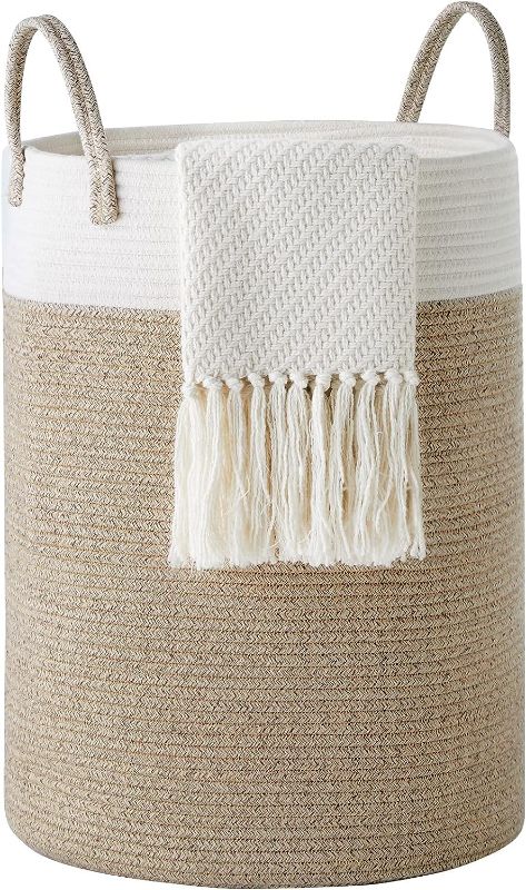 Photo 1 of Woven Collapsible Clothes Storage Basket for Blankets, Laundry Room Organizing, Bedroom, Brown & White