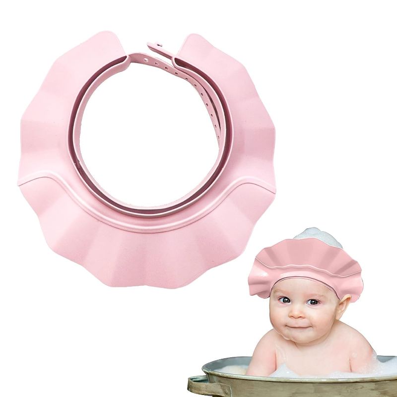 Photo 1 of Baby Shower Cap Adjustable Bath Shampoo Hat Baby Hair Washing Guard Bath Shield Visor Hat Eyes and Ears Head Protection Waterproof Soft Silicone Shower Cap for Kids Toddler Pink