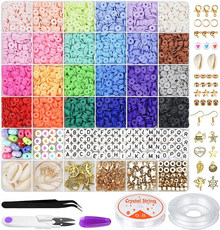 Photo 1 of lay Beads for Bracelet Making, 24 Colors Flat Round Polymer Clay Beads 6mm Spacer Heishi Beads with Pendant Charms Kit and Elastic Strings for Jewelry Making Kit Bracelets Necklace