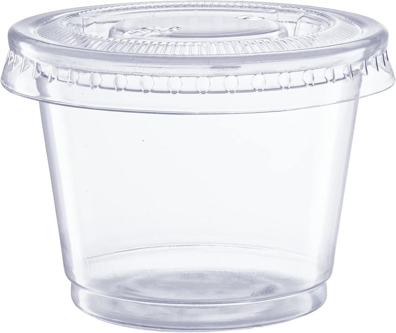 Photo 1 of  [100 Sets - 1 oz.] Plastic Disposable Portion Cups With Lids, Souffle Cups