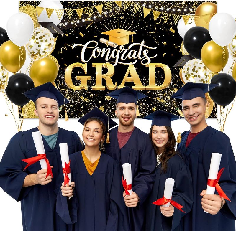 Photo 1 of Graduation Party Decorations 2023, Large Congrats Grad Banner Garland Photo Backdrop+Balloons, Black and Gold Party Supplies