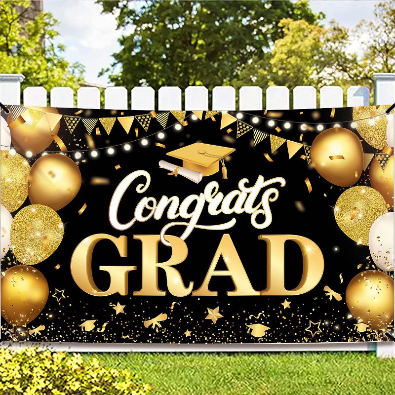 Photo 1 of 72x44 Inch, Graduation Banner | Graduation Backdrop 2023 for Black and Gold Graduation Decorations 2023
