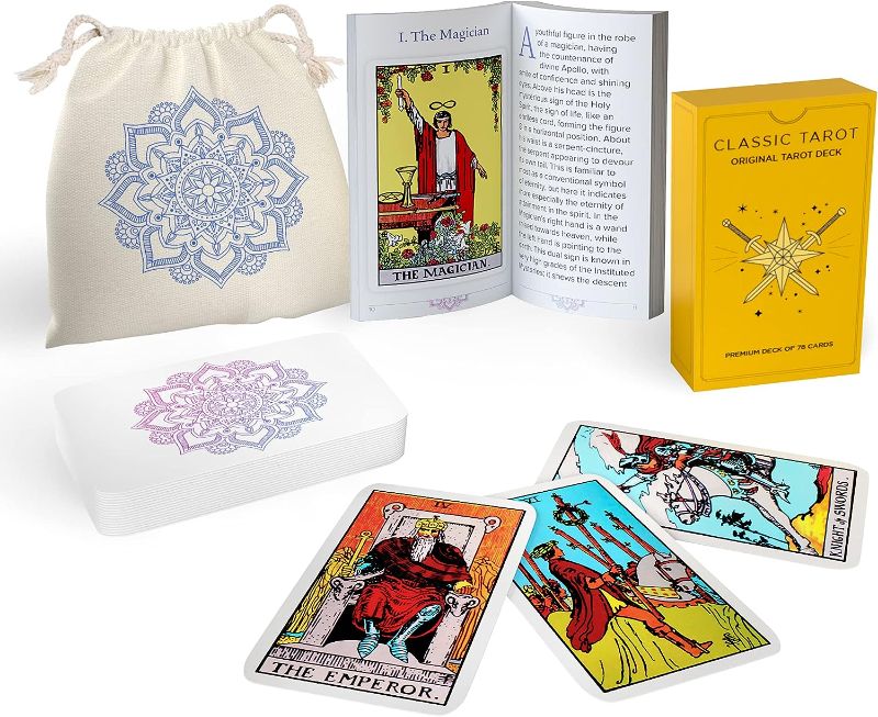 Photo 1 of Sagesight Classic Tarot Cards Deck with Guidebook & Premium Linen Carry Bag - Original Pamela Colman Smith Artwork - Tarot Cards for Beginners