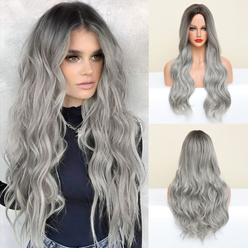 Photo 1 of Ombre Grey Wig for White Women Long Curly Wavy Synthetic Hair Wigs Natural Heat Resistant Wig Black Roots Daily Use