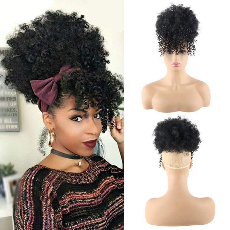 Photo 1 of Curly Ponytail Wigs for Black Women Hair Balls for Girls Natural Hair Wig Afro High Puff Bun Hair Pieces for Women Synthetic Drawstring Ponytail Extension for Black Women Pontail with Bangs
