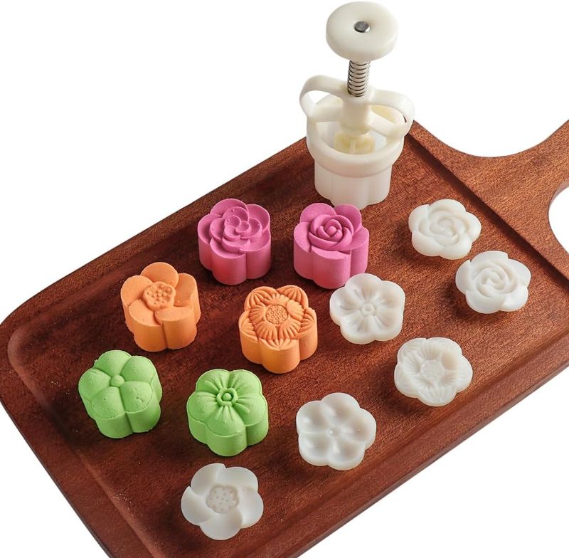 Photo 1 of Moon Cake Mold Chinese Mid-Autumn Festival Cookie Stamp Set, Thickness Adjustable 50g 6 Stamps Mooncake Shortbread Press DIY Decoration Hand Cutter