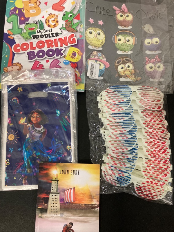 Photo 1 of Miscellaneous Variety Bundle Pack of 5 - Kids Coloring Book, 4th of July Glasses, Disney Candy Bags, At Waters Edge Book, Kids Owl Stickers