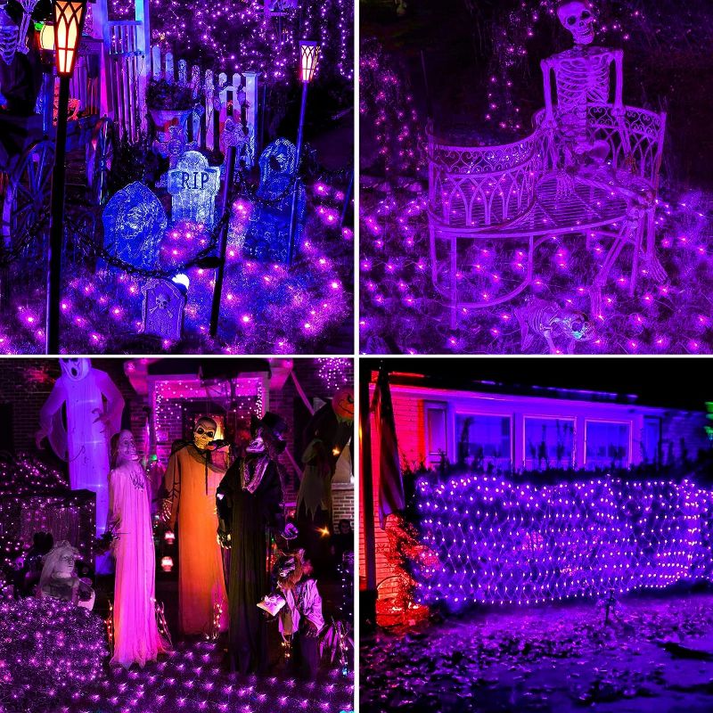 Photo 3 of 200 LED Purple Halloween Net Lights, 66ft Connectable Halloween Bush Lights with Remote, 8 Modes Plug in Net Lights Outdoor Mesh Lights Waterproof for Tree, Yard, Fence Decoration