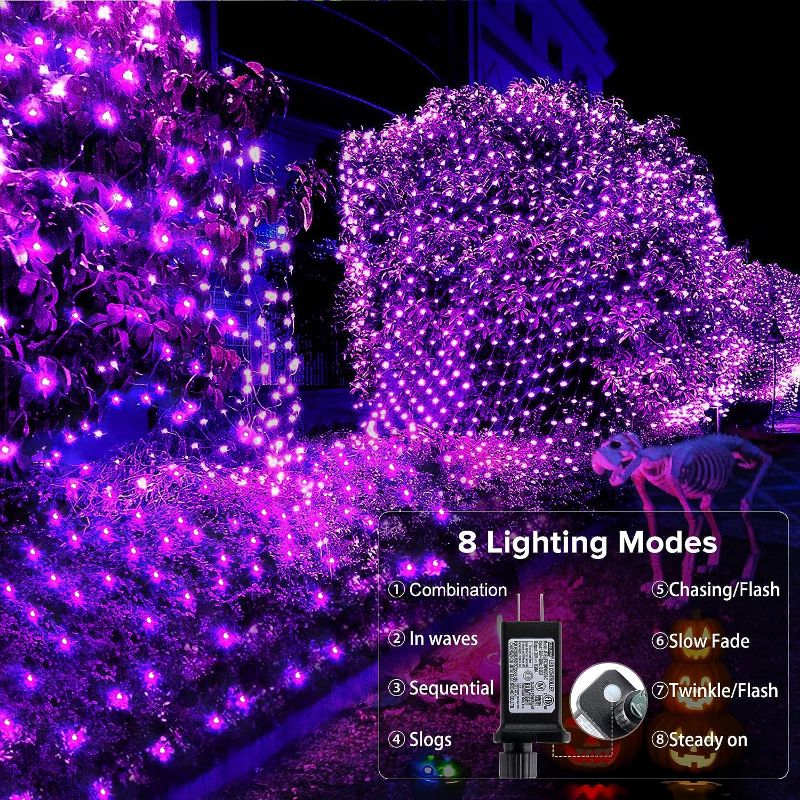 Photo 2 of 200 LED Purple Halloween Net Lights, 66ft Connectable Halloween Bush Lights with Remote, 8 Modes Plug in Net Lights Outdoor Mesh Lights Waterproof for Tree, Yard, Fence Decoration