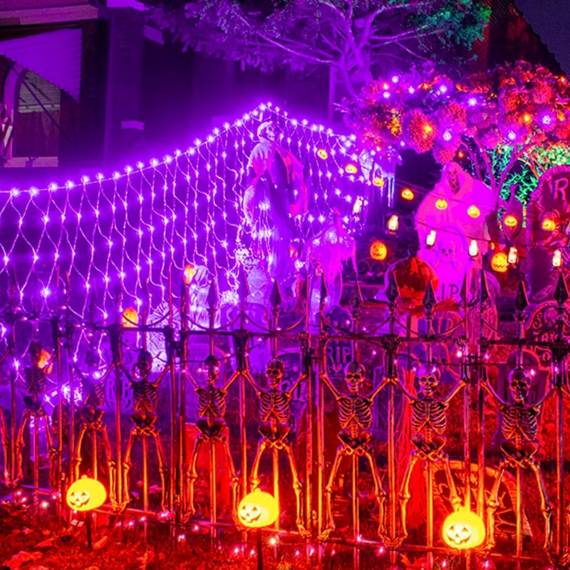 Photo 1 of 200 LED Purple Halloween Net Lights, 66ft Connectable Halloween Bush Lights with Remote, 8 Modes Plug in Net Lights Outdoor Mesh Lights Waterproof for Tree, Yard, Fence Decoration