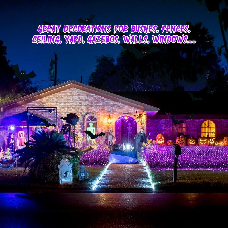 Photo 3 of 200 LED Purple Halloween Net Lights, 66ft Connectable Halloween Bush Lights with Remote, 8 Modes Plug in Net Lights Outdoor Mesh Lights Waterproof for Tree, Yard, Fence Decoration