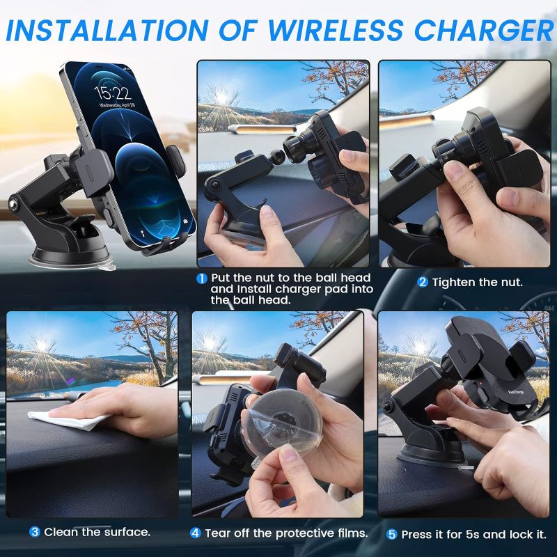 Photo 3 of Wireless Car Charger, Qi Fast Charging Auto Clamping Car Charger Phone Holder Mount,  Cell Phone Holder Car Mount for iPhone 15 14 13 12 11 Pro Max Xs, Galaxy S23 Ultra
