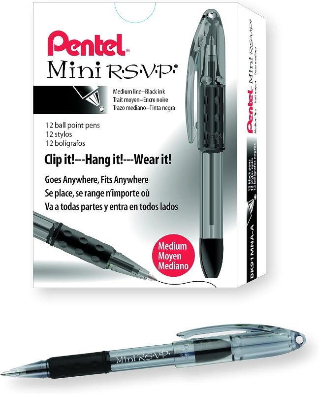 Photo 1 of Pentel BK91MNA-A Pentel Mini R.S.V.P. Stick Ballpoint Pen, Translucent Brl, Black Ink, Med Pt, 12 Count (Pack of 1)
