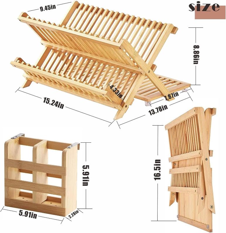 Photo 4 of Bamboo Dish Drying Rack with Utensil Holder Set,3-Tier Collapsible Wood Dish Drying Rack for Kitchen,Folding Bamboo Drying Rack with Utensils Flatware Holder,Space-Saving Storage with Foldable
