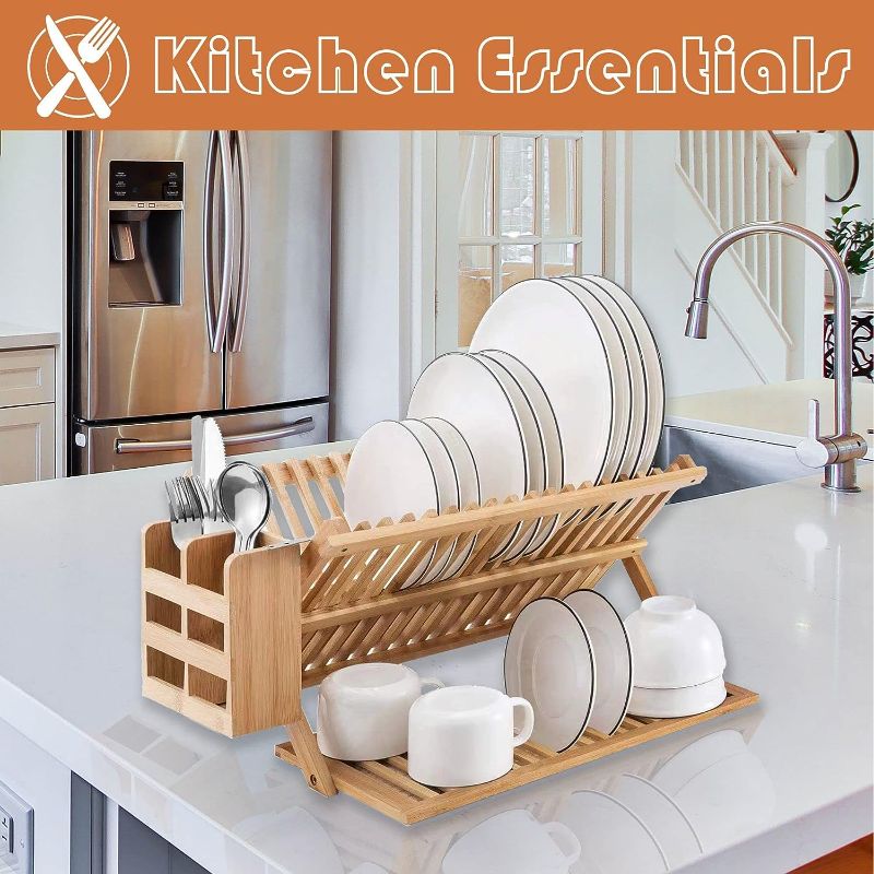 Photo 2 of Bamboo Dish Drying Rack with Utensil Holder Set,3-Tier Collapsible Wood Dish Drying Rack for Kitchen,Folding Bamboo Drying Rack with Utensils Flatware Holder,Space-Saving Storage with Foldable
