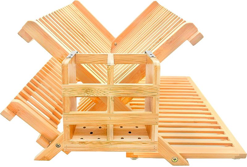 Photo 1 of Bamboo Dish Drying Rack with Utensil Holder Set,3-Tier Collapsible Wood Dish Drying Rack for Kitchen,Folding Bamboo Drying Rack with Utensils Flatware Holder,Space-Saving Storage with Foldable
