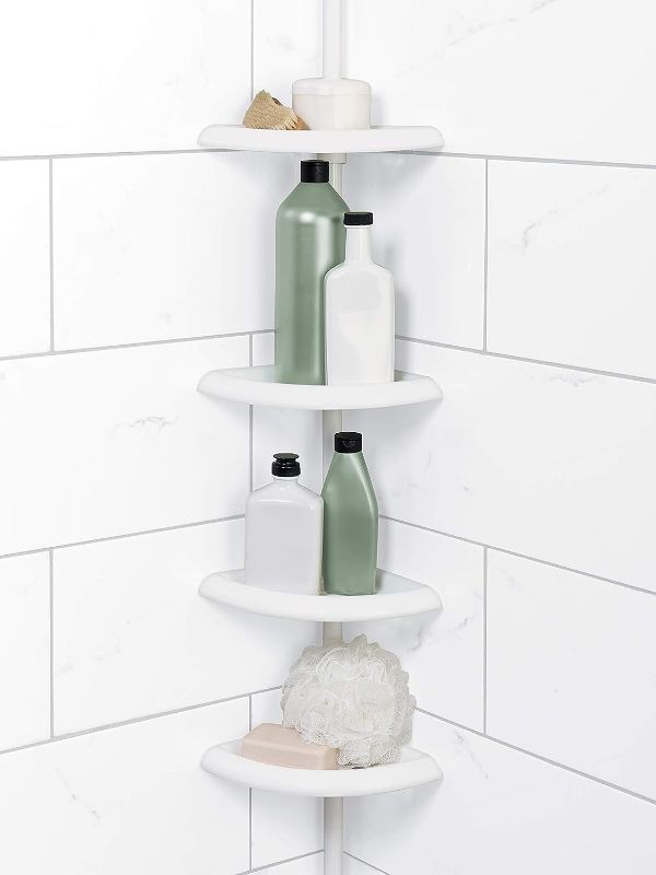 Photo 1 of XLHOMO Home Tension Pole Shower Caddy, 4 Shelves, Adjustable, 60 to 97 Inch, White
