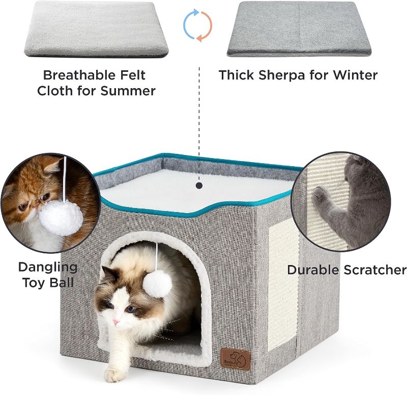 Photo 1 of PETTYCARE- Cat Beds for Indoor Cats - Large Cat Cave for Pet Cat House Foldable Cat Hideaway,16.5x16.5x13 inches, Grey
