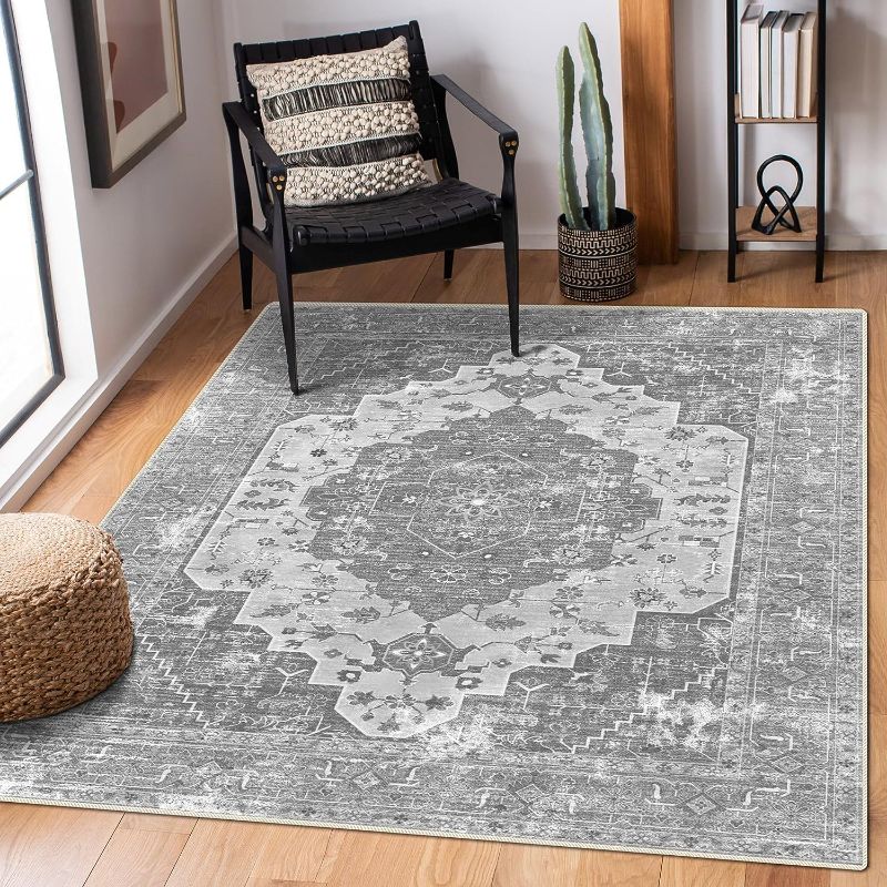Photo 1 of Pattern Area Rugs, Stain Resistant Washable Rug for Living Room, Boho Vintage Inspired (Grey/Distressed, 
