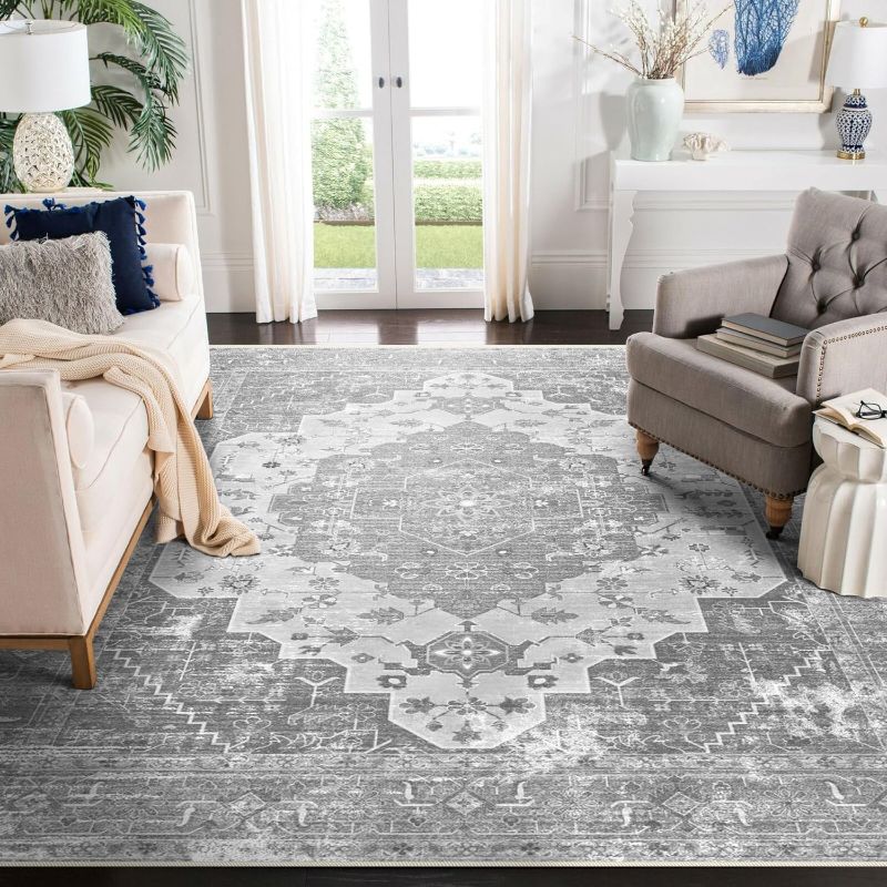 Photo 2 of Pattern Area Rugs, Stain Resistant Washable Rug for Living Room, Boho Vintage Inspired (Grey/Distressed, 
