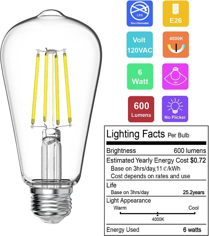 Photo 1 of VOOSEI Daylight Bulbs 4000K LED E26 60W, 6W Equivalent to 60W Edison High Brightness ST58 Antique Non-Dimmable Filament Bulbs Clear Glass Pack of 4

