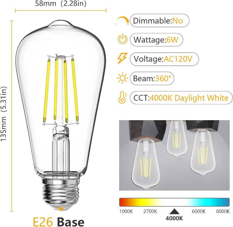 Photo 3 of VOOSEI Daylight Bulbs 4000K LED E26 60W, 6W Equivalent to 60W Edison High Brightness ST58 Antique Non-Dimmable Filament Bulbs Clear Glass Pack of 4
