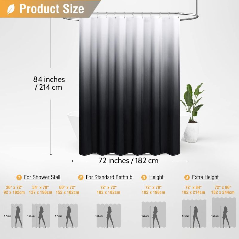 Photo 3 of  Long Shower Curtain,Ombre Linen Textured Weighted Fabric Shower Curtain Set with Plastic Hooks, Large Hotel Spa Luxury Decorative Cloth Shower Curtain for Bathroom, Black
