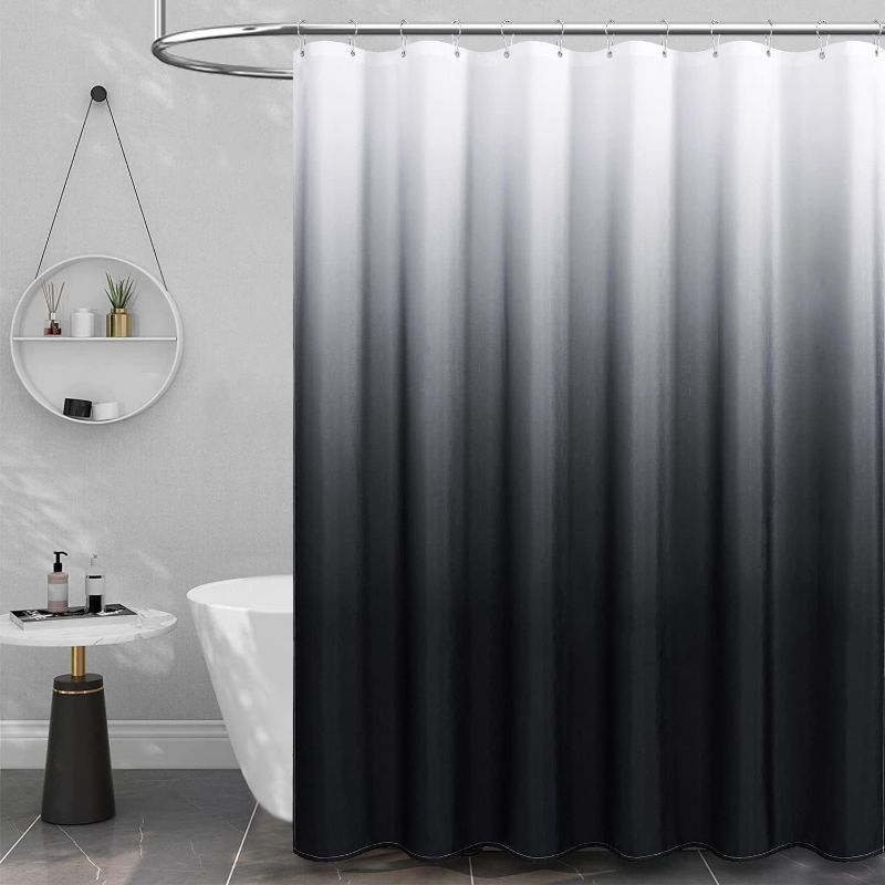 Photo 1 of  Long Shower Curtain,Ombre Linen Textured Weighted Fabric Shower Curtain Set with Plastic Hooks, Large Hotel Spa Luxury Decorative Cloth Shower Curtain for Bathroom, Black
