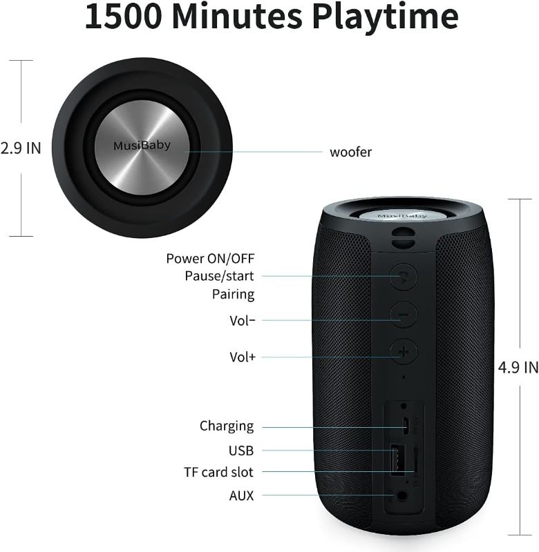 Photo 1 of Bluetooth Speakers,MusiBaby Speaker,Outdoor,Wireless,Waterproof,Portable Speaker,Dual Pairing,Bluetooth 5.0,Loud Stereo,Booming Bass,1500 Mins Playtime Wireless Speaker for Home,Party,Gifts(Black)
