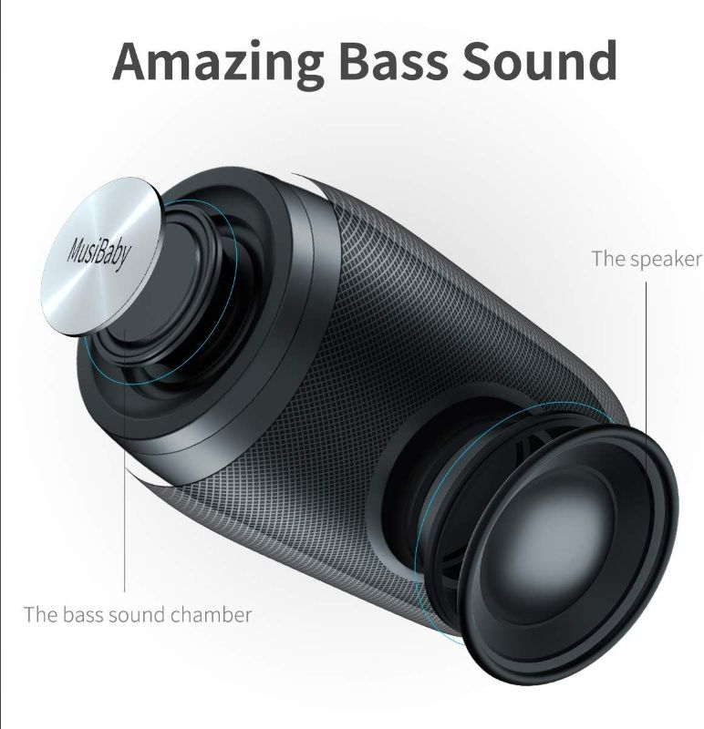 Photo 1 of Bluetooth Speakers,MusiBaby Speaker,Outdoor,Wireless,Waterproof,Portable Speaker,Dual Pairing,Bluetooth 5.0,Loud Stereo,Booming Bass,1500 Mins Playtime Wireless Speaker for Home,Party,Gifts(Black)
