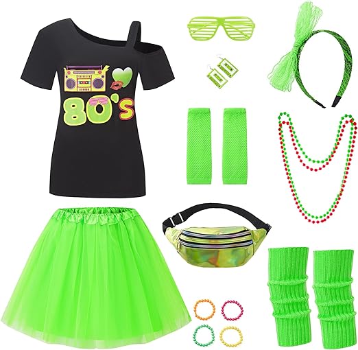 Photo 1 of Kids 80s Outfits for Girls and Women 17Pcs 80s Costumes for Kids 80s Halloween Costum Accessories Set 1980s Party Cosplay
