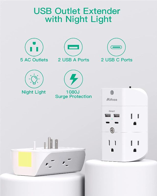 Photo 3 of Surge Protector Outlet Extender - with Night Light, 5-Outlet Splitter and 4 USB Ports (2 USB C Charger), Multi Plug Outlet for Home, Dorm Room Essentials
