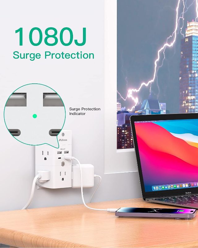 Photo 2 of Surge Protector Outlet Extender - with Night Light, 5-Outlet Splitter and 4 USB Ports (2 USB C Charger), Multi Plug Outlet for Home, Dorm Room Essentials
