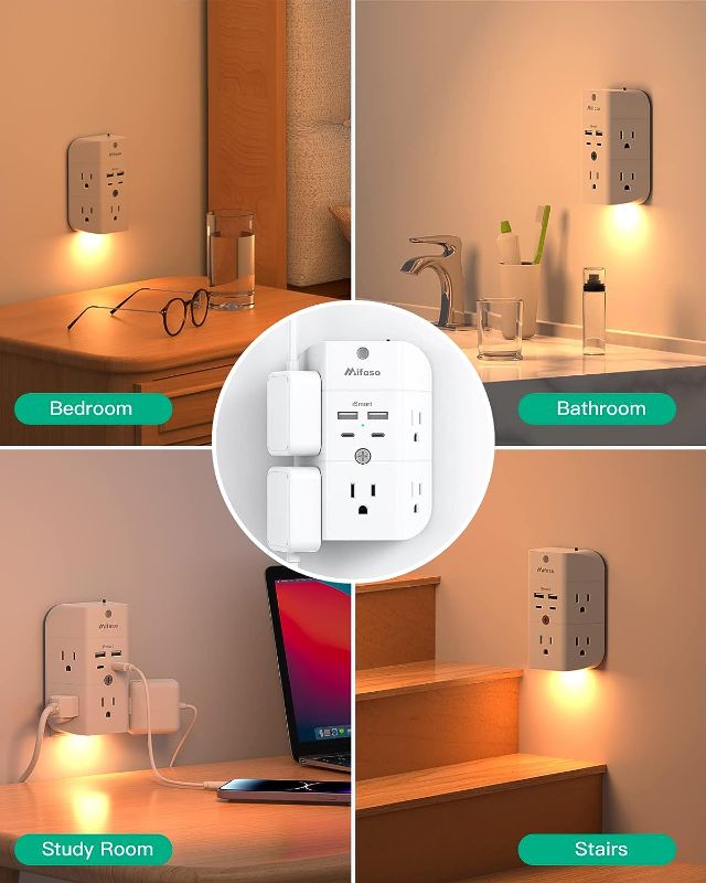 Photo 1 of Surge Protector Outlet Extender - with Night Light, 5-Outlet Splitter and 4 USB Ports (2 USB C Charger), Multi Plug Outlet for Home, Dorm Room Essentials
