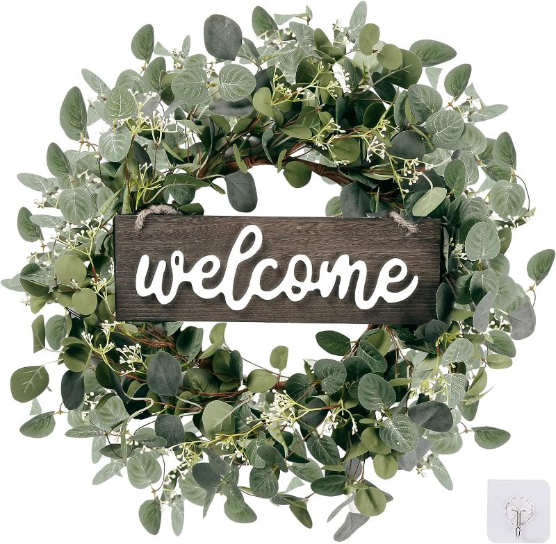 Photo 1 of Sggvecsy Green Eucalyptus Leaf Wreath with Welcome Sign 20in Artificial Eucalyptus Wreath Spring Summer Wreath for Front Door Wall Window Farmhouse Festival Porch Patio Garden Decor
